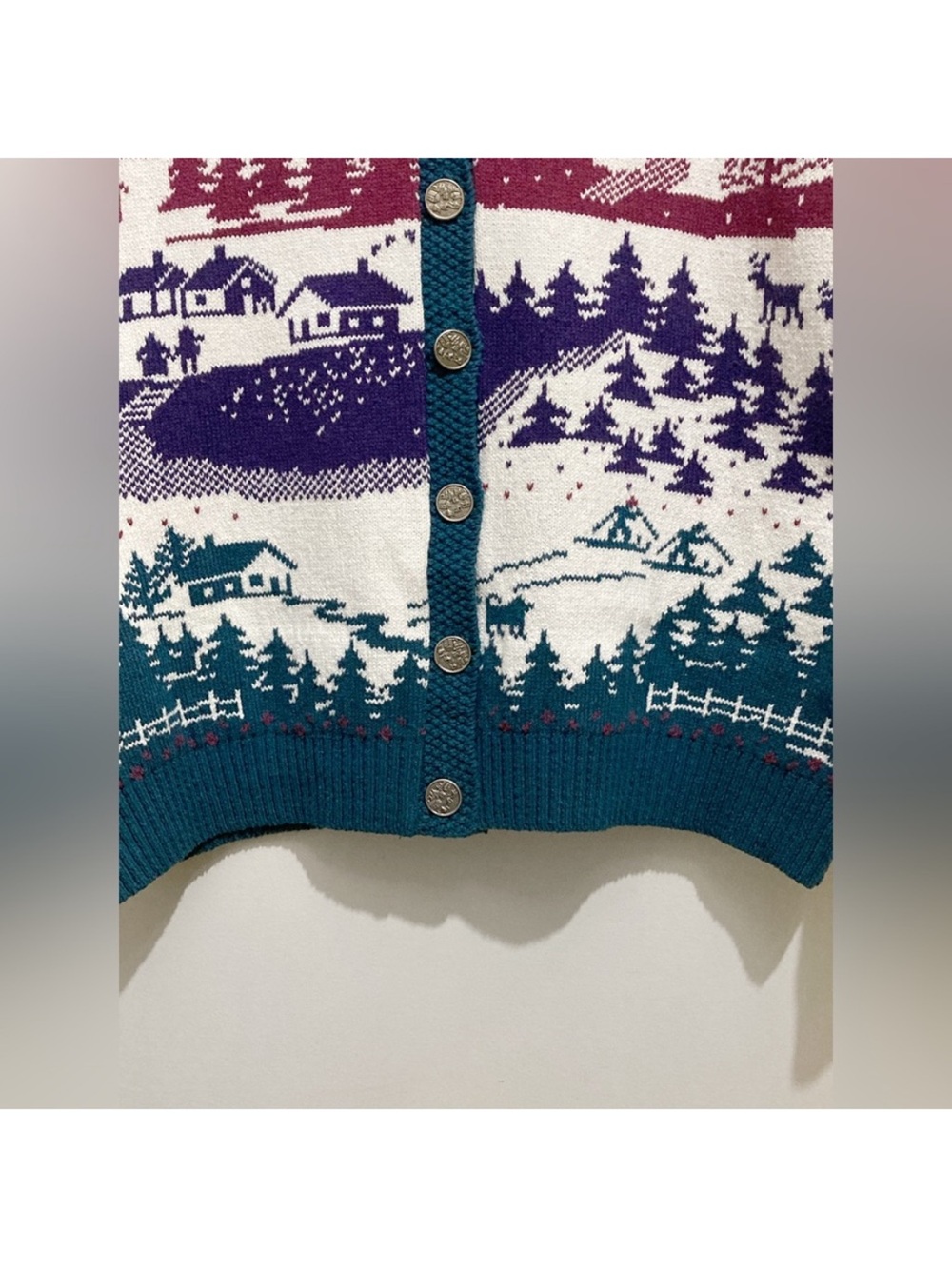 Vintage 90s Northern Reflections Winter Scene Knit Cardigan Size Medium - Picture 5 of 12